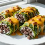 cheesy ground beef rice stuffed cabbage rolls - featured image