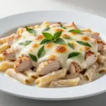 creamy chicken alfredo pasta bake - featured image