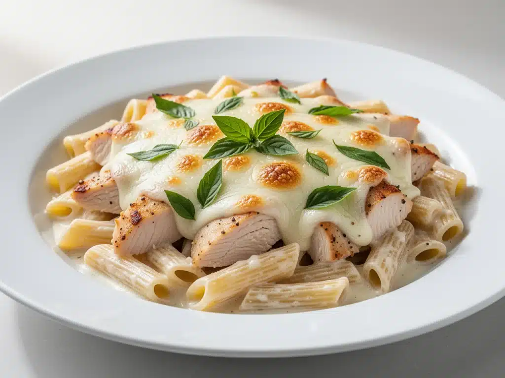 creamy chicken alfredo pasta bake - featured image