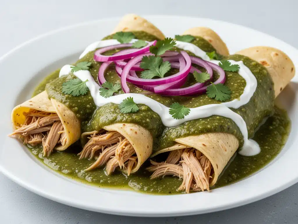 creamy green chile chicken enchiladas - featured image