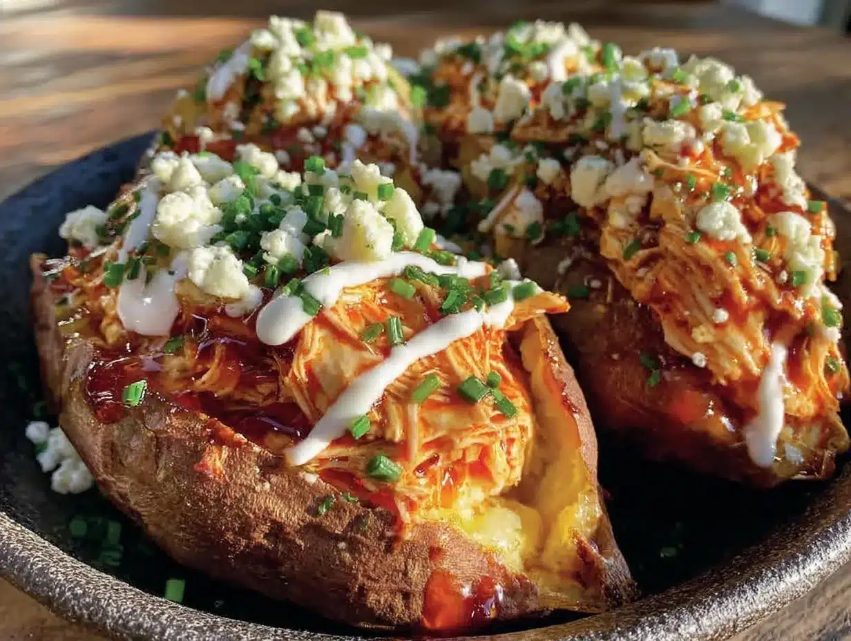 High-Protein Buffalo Chicken Stuffed Sweet Potatoes: 3 Ingredients 4 High-Protein Buffalo Chicken Stuffed Sweet Potatoes preparation steps